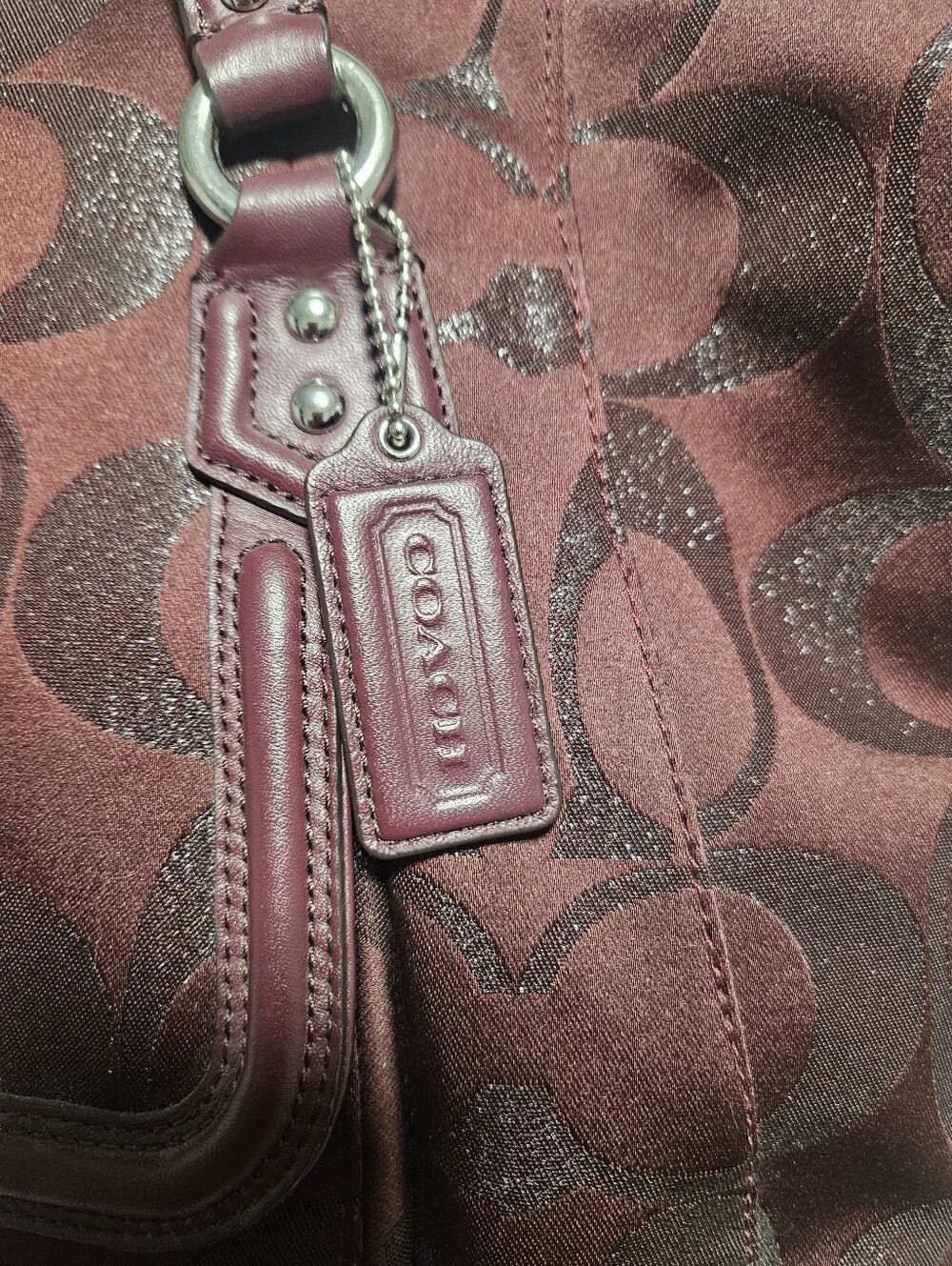 13' Coach Campbell Signature Metallic Belle Carryall in maroon sateen canvas. - Picture 9 of 10